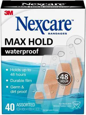 Max Hold Waterproof Bandages, Contours to Hard-to-Fit Places, Like Heels, The Hand, Knees, and Fingers, Assorted Sizes, 40 Count Max Hold Waterproof Bandages, Contours to Hard-to-Fit Places, Like Heels, The Hand, Knees, and Fingers, Assorted Sizes, 40 Count