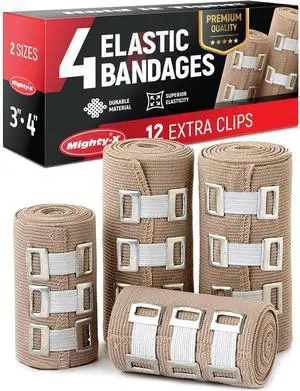 Premium Elastic Bandage Wrap - 4pk (2x3in, 2x4in) + 12 Extra Clips - Strong Compression Bandage Wrap for Leg, Arm, Wrists, Elbow, Ankles, Feet and Knees - for First Aid Kit and After Surgery Recovery Premium Elastic Bandage Wrap - 4pk (2x3in, 2x4in) + 12 Extra Clips - Strong Compression Bandage Wrap for Leg, Arm, Wrists, Elbow, Ankles, Feet and Knees - for First Aid Kit and After Surgery Recovery