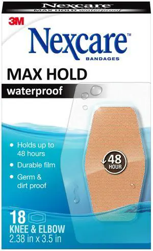 Max Hold Waterproof Bandages, Comfortable, Low-Profile Film Fits Close To The Skin, Knee & Elbow, 2.38 x 3.5 in, 18, 1.0 Count, 0.05 kilograms Max Hold Waterproof Bandages, Comfortable, Low-Profile Film Fits Close To The Skin, Knee & Elbow, 2.38 x 3.5 in, 18, 1.0 Count, 0.05 kilograms