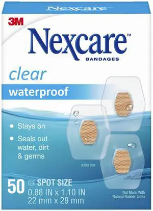 Waterproof Clear Bandages, Covers And Protects, 360 Degree Seal Around The Pad Offers Protection Against Water, Dirt, And Germs, 0.88 x 1.1 in, 50 Count(Pack of 3) Waterproof Clear Bandages, Covers And Protects, 360 Degree Seal Around The Pad Offers Protection Against Water, Dirt, And Germs, 0.88 x 1.1 in, 50 Count(Pack of 3)