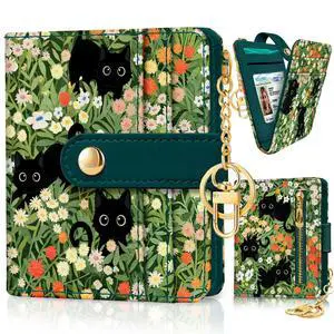 Black Cat Floral Rfid Women Wallet, Small Slim Credit Card Holder | Thin, PU Leather Bifold, Cash Zipper Coin Pocket, ID Window, For Female Ladies Teen Girls Girly, Down Size Black Cat Floral Rfid Women Wallet, Small Slim Credit Card Holder | Thin, PU Leather Bifold, Cash Zipper Coin Pocket, ID Window, For Female Ladies Teen Girls Girly, Down Size