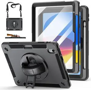 for iPad (A16) 11th/10th Generation Case 2025/2022 Black | Shockproof Protective TPU Cover with Rotatable Stand-Screen Protector-Handle- Shoulder strap- Pencil holder for iPad (A16) 11th/10th Generation Case 2025/2022 Black | Shockproof Protective TPU Cover with Rotatable Stand-Screen Protector-Handle- Shoulder strap- Pencil holder