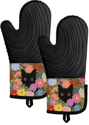 Long Silicone Oven Mitts Heat Resistant for Women - 2 Pcs Black Cat 100% Cotton Oven Gloves, Non-Slip and Waterproof Silicone Oven Mitts with Hanger for Baking and Cooking Long Silicone Oven Mitts Heat Resistant for Women - 2 Pcs Black Cat 100% Cotton Oven Gloves, Non-Slip and Waterproof Silicone Oven Mitts with Hanger for Baking and Cooking