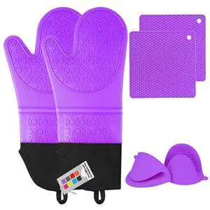 6pcs Silicone Oven Mitts and Pot Holders Sets for Kitchen, Purple | 500°F heat resistant, cotton lining, honeycomb non-slip texture, 15-inch forearm protection, baking cooking gloves 6pcs Silicone Oven Mitts and Pot Holders Sets for Kitchen, Purple | 500°F heat resistant, cotton lining, honeycomb non-slip texture, 15-inch forearm protection, baking cooking gloves