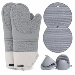 Silicone Oven Mitts and Pot Holders 6 Piece Set, Heat Resistant 500°F Extra Long Oven Gloves with Cotton Lining, Non-Slip BPA-Free Hot Pads and Pinch Mitts for Baking BBQ Cooking (Gray) Silicone Oven Mitts and Pot Holders 6 Piece Set, Heat Resistant 500°F Extra Long Oven Gloves with Cotton Lining, Non-Slip BPA-Free Hot Pads and Pinch Mitts for Baking BBQ Cooking (Gray)