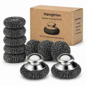 Steel Wool Scrubber, 10-Pack Stainless Steel Scrubber Pads with Handle - The Ultimate Scouring Solution for Rust, Stubborn Messes on Cookware, Grill, Oven & Kitchen Sinks Steel Wool Scrubber, 10-Pack Stainless Steel Scrubber Pads with Handle - The Ultimate Scouring Solution for Rust, Stubborn Messes on Cookware, Grill, Oven & Kitchen Sinks