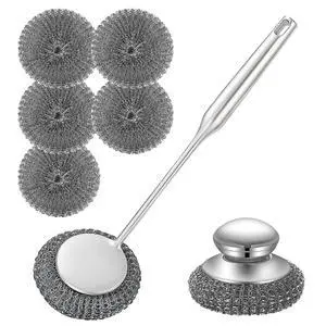 Heavy Duty Stainless Steel Scrubber Set - Long & Short Handle with 5 Steel Wool Pads, Cast Iron & Pot Scrubber for Dishes, Pans, Grills, Stoves Heavy Duty Stainless Steel Scrubber Set - Long & Short Handle with 5 Steel Wool Pads, Cast Iron & Pot Scrubber for Dishes, Pans, Grills, Stoves