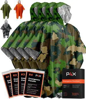 Emergency Poncho with Mylar Blanket Liner Heavy Duty, Waterproof, Wind-Resistant Green Rain Poncho for Outdoors, Camping, and Car Emergency Kits - Thermal Poncho - 4 Pack (Green Camo) Emergency Poncho with Mylar Blanket Liner Heavy Duty, Waterproof, Wind-Resistant Green Rain Poncho for Outdoors, Camping, and Car Emergency Kits - Thermal Poncho - 4 Pack (Green Camo)