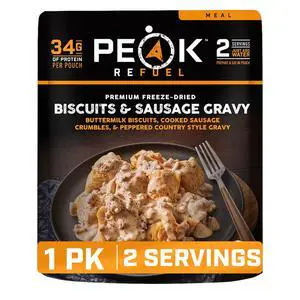 Biscuits and Sausage Gravy Freeze-Dried Breakfast, 34g Protein | 34g protein, real meat, biscuits and sausage gravy, freeze-dried meal, just add water, ready in 10 minutes, 2-serving pouch Biscuits and Sausage Gravy Freeze-Dried Breakfast, 34g Protein | 34g protein, real meat, biscuits and sausage gravy, freeze-dried meal, just add water, ready in 10 minutes, 2-serving pouch