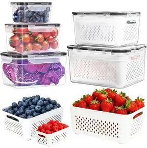 Fruit Storage Containers for Fridge with Removable Colander, 5-Pack | 4 in 1 Food Storage Containers, Produce Saver for Refrigerator Keep Fruits, Berry Fresh Longer, Multiple Sizes, BPA-Free Fruit Storage Containers for Fridge with Removable Colander, 5-Pack | 4 in 1 Food Storage Containers, Produce Saver for Refrigerator Keep Fruits, Berry Fresh Longer, Multiple Sizes, BPA-Free