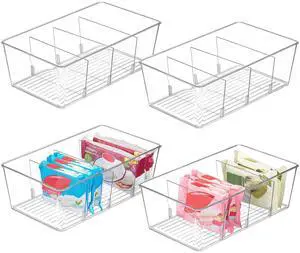 4 Pack Food Storage Organizer Bins, Clear Plastic, 4 Compartments | For Pantry, Kitchen, Fridge and Cabinet Organization, Organize Food Packets, Snacks, Pouches and Spice Packets 4 Pack Food Storage Organizer Bins, Clear Plastic, 4 Compartments | For Pantry, Kitchen, Fridge and Cabinet Organization, Organize Food Packets, Snacks, Pouches and Spice Packets