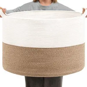 Foldable Laundry Hamper Basket with Collapsible Handle Cotton Rope Soft Woven Fabric Storage Organizer Clothes Toys Nursery Bedroom Dorm Space Saving Bin (White & Brown, 65L(19.7"D x 12.6"H)) Foldable Laundry Hamper Basket with Collapsible Handle Cotton Rope Soft Woven Fabric Storage Organizer Clothes Toys Nursery Bedroom Dorm Space Saving Bin (White & Brown, 65L(19.7"D x 12.6"H))