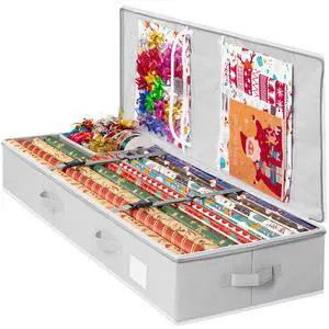 Gift Wrapping Paper Organizer Storage, Durable Underbed Storage Container Fits 24 Rolls, with Removable Dividers and Pockets for Ribbon, Ornaments, Holiday Accessories, Grey Gift Wrapping Paper Organizer Storage, Durable Underbed Storage Container Fits 24 Rolls, with Removable Dividers and Pockets for Ribbon, Ornaments, Holiday Accessories, Grey