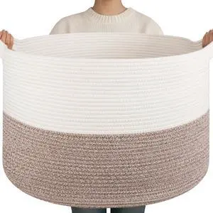 90L XXXLarge Blanket Basket for Living Room, 21.7" x 13.8" Woven Cotton Rope Laundry Basket for Organizing Pillows, Decorative Stuffed Animal Toy Storage for Nursery, White and Linen Brown 90L XXXLarge Blanket Basket for Living Room, 21.7" x 13.8" Woven Cotton Rope Laundry Basket for Organizing Pillows, Decorative Stuffed Animal Toy Storage for Nursery, White and Linen Brown