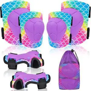 Knee Pads for Kids Adjustable Protective Gear Set with Mesh Bag Knee Pads and Elbow Pads Wrist Guard for Girls Kids Roller Skates Cycling Skateboard Scooter, 3-8 Years, Mermaid Knee Pads for Kids Adjustable Protective Gear Set with Mesh Bag Knee Pads and Elbow Pads Wrist Guard for Girls Kids Roller Skates Cycling Skateboard Scooter, 3-8 Years, Mermaid