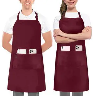 Bib Aprons 2 Pack Adjustable With 2 Pockets Burgundy | Chef Apron, Men and Women, Water and Oil Resistant, Cooking Kitchen Use, Durable Fabric, Restaurant and Home Use Bib Aprons 2 Pack Adjustable With 2 Pockets Burgundy | Chef Apron, Men and Women, Water and Oil Resistant, Cooking Kitchen Use, Durable Fabric, Restaurant and Home Use