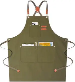 Chef Aprons for Women Men with Oversized Pockets, 12-Ounce Cotton Canvas Cross Back Water Repellent Apron (Grey Green) Chef Aprons for Women Men with Oversized Pockets, 12-Ounce Cotton Canvas Cross Back Water Repellent Apron (Grey Green)