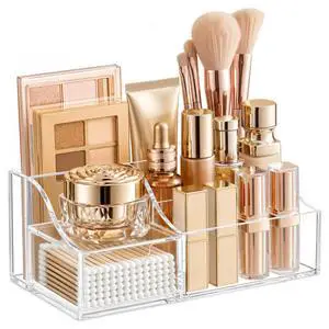 Makeup Organizer with Drawer Cosmetic Storage for Vanity, Bathroom Countertop & Dresser, Skincare Organizer with Brush Holder, Beauty Display Case (Clear) Makeup Organizer with Drawer Cosmetic Storage for Vanity, Bathroom Countertop & Dresser, Skincare Organizer with Brush Holder, Beauty Display Case (Clear)