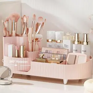 Pink Rotating Vanity Organizer with Brush Holder - Large Spinning Cosmetic Storage, Countertop Makeup & Skincare Organizer, Perfume & Lotions Display Case Pink Rotating Vanity Organizer with Brush Holder - Large Spinning Cosmetic Storage, Countertop Makeup & Skincare Organizer, Perfume & Lotions Display Case