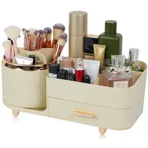 Makeup Organizer Countertop with Drawer 360 Rotating Brush Holder Storage Large Capacity Skincare Cosmetic Display Cases for Vanity Bathroom Desktop, Model 3016 Cream Makeup Organizer Countertop with Drawer 360 Rotating Brush Holder Storage Large Capacity Skincare Cosmetic Display Cases for Vanity Bathroom Desktop, Model 3016 Cream
