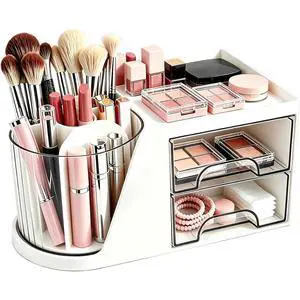 Makeup Organizer with 360°Rotating Brush Holder & 2 Drawers - White | Small Plastic Clear Cosmetic Display Case for Make up Brushes Eyeshadow Lipstick Vanity Desktop Bathroom Dresser Countertop Makeup Organizer with 360°Rotating Brush Holder & 2 Drawers - White | Small Plastic Clear Cosmetic Display Case for Make up Brushes Eyeshadow Lipstick Vanity Desktop Bathroom Dresser Countertop
