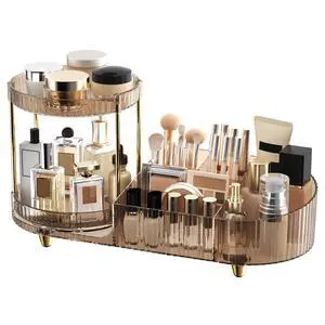 Makeup Organizer Countertop with 2 Rotating Perfume Trays, 5-Compartment Vanity Skincare Organizers, Make Up Desk Organization and Storage with Cosmetic Brush Holder for Bedroom Bathroom Counter Makeup Organizer Countertop with 2 Rotating Perfume Trays, 5-Compartment Vanity Skincare Organizers, Make Up Desk Organization and Storage with Cosmetic Brush Holder for Bedroom Bathroom Counter