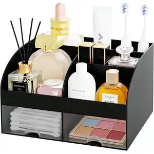 Makeup Organizer with 2 Drawers, Cosmetic Storage for Dresser Vanity and Bathroom Countertop,Make up organization and Skincare Storage with Beauty Brush Holder, Cosmetic Display Case (Black) Makeup Organizer with 2 Drawers, Cosmetic Storage for Dresser Vanity and Bathroom Countertop,Make up organization and Skincare Storage with Beauty Brush Holder, Cosmetic Display Case (Black)
