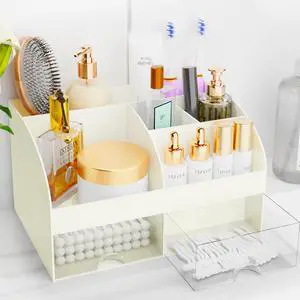 Makeup Organizer with Drawers, Cosmetic Storage for Dresser Vanity and Bathroom Countertop, Beauty Holder for Lipstick Brush, Skincare Organizer for Vanity, Cosmetic Display Case (Ivory) Makeup Organizer with Drawers, Cosmetic Storage for Dresser Vanity and Bathroom Countertop, Beauty Holder for Lipstick Brush, Skincare Organizer for Vanity, Cosmetic Display Case (Ivory)