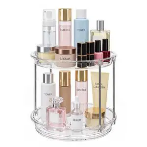 Rotating Makeup Organizer for Vanity, Skincare Holder with 2 Tier Tray | Spinning Bathroom Counter Organizer with Easy Assembly & Non-Slip Base, Stable Vanity Tray for Perfume, Cosmetics, Hair Care Rotating Makeup Organizer for Vanity, Skincare Holder with 2 Tier Tray | Spinning Bathroom Counter Organizer with Easy Assembly & Non-Slip Base, Stable Vanity Tray for Perfume, Cosmetics, Hair Care