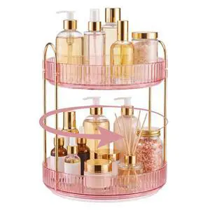 Rotating Makeup Organizer Countertop, Bathroom Lazy Susan Tray Stand | 360° Spinning Perfume & Skincare Vanity Holder, 2-Tier Pink, Desk Counter Organizer and Storage for Easy Visibility Rotating Makeup Organizer Countertop, Bathroom Lazy Susan Tray Stand | 360° Spinning Perfume & Skincare Vanity Holder, 2-Tier Pink, Desk Counter Organizer and Storage for Easy Visibility