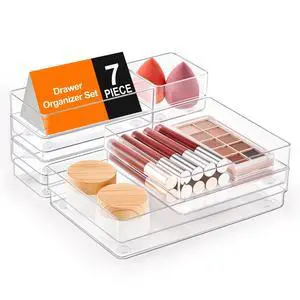 7 PCS Drawer Organizer, 4-Size Desk Drawer Organizer Trays | Storage Tray with Non-Slip Silicone Pads for Makeup, Jewelries, Utensils in Bedroom Dresser, Office and Kitchen (Clear) 7 PCS Drawer Organizer, 4-Size Desk Drawer Organizer Trays | Storage Tray with Non-Slip Silicone Pads for Makeup, Jewelries, Utensils in Bedroom Dresser, Office and Kitchen (Clear)