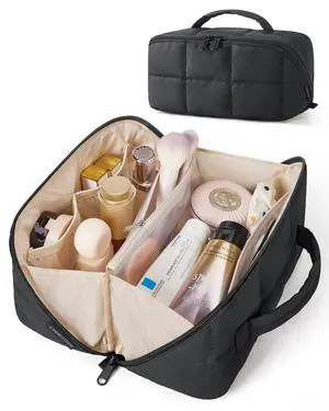 Travel Makeup Bag, Large Capacity Cosmetic Organizer for Women | Roomy fits all makeup, opens flat for full view. Lightweight, water-resistant & dual zippers. PVC pouch ideal for travel Travel Makeup Bag, Large Capacity Cosmetic Organizer for Women | Roomy fits all makeup, opens flat for full view. Lightweight, water-resistant & dual zippers. PVC pouch ideal for travel