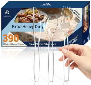 390 Count Heavy Duty Disposable Clear Plastic Cutlery Set, Bulk | 160 Forks & 160 Spoons & 70 Knives, Premium Quality, BPA-Free,Heat Resistant, Transparent, for Everyday Use, Party Supply 390 Count Heavy Duty Disposable Clear Plastic Cutlery Set, Bulk | 160 Forks & 160 Spoons & 70 Knives, Premium Quality, BPA-Free,Heat Resistant, Transparent, for Everyday Use, Party Supply