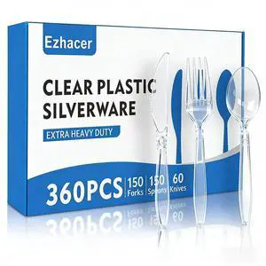360 Count Heavy Duty Plastic Silverware, Clear Plastic Utensils Set | Disposable Silverware Cutlery, BPA-Free, Heat Resistant, 150 Forks, 60 Knives, 150 Spoons for Parties and Everyday Use 360 Count Heavy Duty Plastic Silverware, Clear Plastic Utensils Set | Disposable Silverware Cutlery, BPA-Free, Heat Resistant, 150 Forks, 60 Knives, 150 Spoons for Parties and Everyday Use