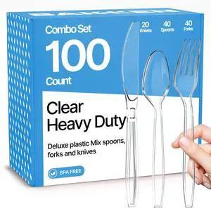 Disposable Cutlery Combo Set, 100 Pieces of Forks, Knives & Spoons, Heavy Duty Plastic Silverware, BPA-Free Food-Grade Materials, Heat-Resistant, Reusable Utensils for Parties and Everyday Use, Clear Disposable Cutlery Combo Set, 100 Pieces of Forks, Knives & Spoons, Heavy Duty Plastic Silverware, BPA-Free Food-Grade Materials, Heat-Resistant, Reusable Utensils for Parties and Everyday Use, Clear