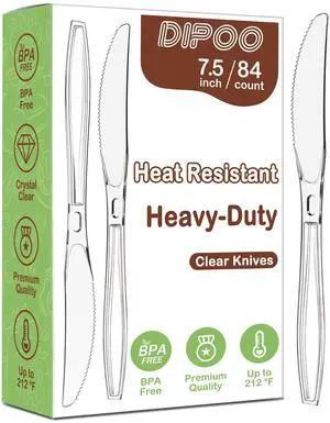 7.5" Clear Plastic Knives Heavy Duty, 84 Count | Heat Resistant & BPA Free, Solid and Durable Premium Disposable Knives for Party Supply 7.5" Clear Plastic Knives Heavy Duty, 84 Count | Heat Resistant & BPA Free, Solid and Durable Premium Disposable Knives for Party Supply