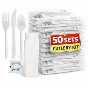 Cutlery Set Disposable, Plastic Wrapped Cutlery Kit (Knife/Fork/Teaspoon/Napkin/Salt and Pepper), Heavy Duty, 50 Pack Cutlery Set Disposable, Plastic Wrapped Cutlery Kit (Knife/Fork/Teaspoon/Napkin/Salt and Pepper), Heavy Duty, 50 Pack