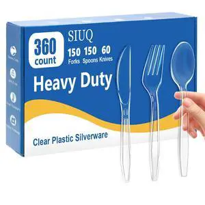 360 Count Heavy Duty Clear Plastic Silverware,Plastic Cutlery Set | 150 Forks, 150 Spoons, 60 Knives, Disposable Plastic Utensils Set, Plasticware Bulk for Parties, Catering, Picnic 360 Count Heavy Duty Clear Plastic Silverware,Plastic Cutlery Set | 150 Forks, 150 Spoons, 60 Knives, Disposable Plastic Utensils Set, Plasticware Bulk for Parties, Catering, Picnic