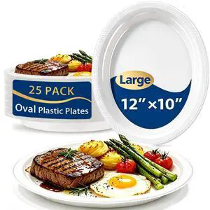 25 Count 10x12 Inch White Plastic Plates, Disposable Oval Plates | BPA-free lightweight oval plastic plates. Flexible & leak-proof. Great for daily use, backyard BBQ, picnics, and parties. 25 Count 10x12 Inch White Plastic Plates, Disposable Oval Plates | BPA-free lightweight oval plastic plates. Flexible & leak-proof. Great for daily use, backyard BBQ, picnics, and parties.