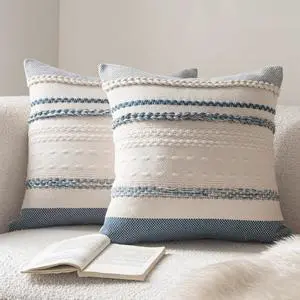 Boho Throw Pillow Covers 18x18 Inch Set of 2, Blue Textured Decorative Couch Pillow Cases for Farmhouse Home Decor, Accent Cushion Cover for Sofa, Bed, Living Room, Bedroom Boho Throw Pillow Covers 18x18 Inch Set of 2, Blue Textured Decorative Couch Pillow Cases for Farmhouse Home Decor, Accent Cushion Cover for Sofa, Bed, Living Room, Bedroom