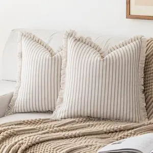 Throw Pillow Covers 18x18 Boho Striped Pillow Cases with Tassel | Set of 2 Fringe Pillow Cover Farmhouse Cushion Covers Neutral Pillows Decorative Square Pillowcase for Couch Sofa Bed, Khaki Throw Pillow Covers 18x18 Boho Striped Pillow Cases with Tassel | Set of 2 Fringe Pillow Cover Farmhouse Cushion Covers Neutral Pillows Decorative Square Pillowcase for Couch Sofa Bed, Khaki