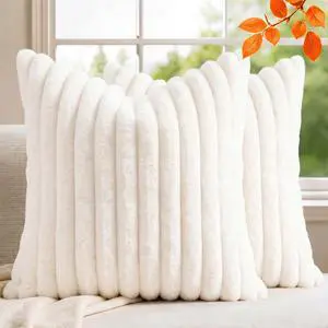 Pack of 2 Throw Pillow Covers 18x18 Decorative Solid Plush Faux Fur with Soft Velvet Back, Square Striped Cushion Cases Modern Farmhouse Home Decor for Living Room Couch Sofa Bed Cream White Pack of 2 Throw Pillow Covers 18x18 Decorative Solid Plush Faux Fur with Soft Velvet Back, Square Striped Cushion Cases Modern Farmhouse Home Decor for Living Room Couch Sofa Bed Cream White