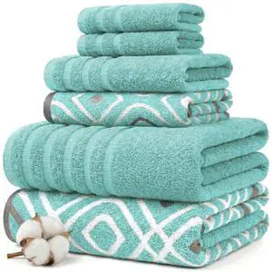 6 Piece Bath Towel Set Bathroom Set with 2 Bath Towels, 2 Hand Towels, and 2 Wash Cloths 100% Cotton, Super Absorbent & Extra Soft Reversible Classic Diamond (Aqua) 6 Piece Bath Towel Set Bathroom Set with 2 Bath Towels, 2 Hand Towels, and 2 Wash Cloths 100% Cotton, Super Absorbent & Extra Soft Reversible Classic Diamond (Aqua)