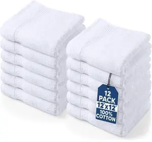 12 Pack Premium Wash Cloths, 12x12 in, 100% Cotton, White | Highly Absorbent Soft Feel Lightweight Washcloths - Premium Ring Spun Cotton, Ideal for Bathroom, Spa, Gym & Face 12 Pack Premium Wash Cloths, 12x12 in, 100% Cotton, White | Highly Absorbent Soft Feel Lightweight Washcloths - Premium Ring Spun Cotton, Ideal for Bathroom, Spa, Gym & Face