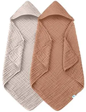 Muslin Hooded Baby Bath Towels - 2 Pack 100% Cotton Towel for Babies, Infants, Toddlers - 32x32Inch - Highly Absorbent and Newborn Essential, Light Bean Paste Muslin Hooded Baby Bath Towels - 2 Pack 100% Cotton Towel for Babies, Infants, Toddlers - 32x32Inch - Highly Absorbent and Newborn Essential, Light Bean Paste