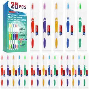 25 PCS Bulk Travel Toothbrush with Toothpaste, Toothpaste Bulk | Individually Wrapped Disposable Toothbrush, Ergonomics Handle, Medium Soft Bristle, Perfect for Travel, Hotel 25 PCS Bulk Travel Toothbrush with Toothpaste, Toothpaste Bulk | Individually Wrapped Disposable Toothbrush, Ergonomics Handle, Medium Soft Bristle, Perfect for Travel, Hotel
