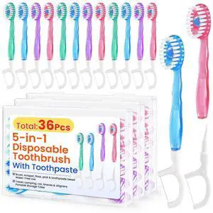 36 Pack 5-in-1 Mini Disposable Toothbrush, WaterlessToothbrushes (Mint) | Disposable Toothbrushes with Toothpaste, Floss, Tongue Scraper & Toothpick, Ideal for Travel, Work, Hotel 36 Pack 5-in-1 Mini Disposable Toothbrush, WaterlessToothbrushes (Mint) | Disposable Toothbrushes with Toothpaste, Floss, Tongue Scraper & Toothpick, Ideal for Travel, Work, Hotel