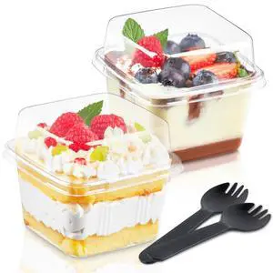 50 Pack 8 oz Plastic Dessert Cups with Lids and Sporks | Square Cake Cups, Clear Parfait Cups, To Go Food Containers, For Pudding Fruit Mousse Yogurt and Shortcake 50 Pack 8 oz Plastic Dessert Cups with Lids and Sporks | Square Cake Cups, Clear Parfait Cups, To Go Food Containers, For Pudding Fruit Mousse Yogurt and Shortcake