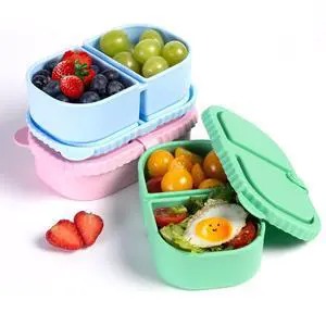 3 Pack Reusable Silicone Snack Containers with Lids, 2 Compartment Snackle Box Containers, Salad Dressing Sauce Seasoning Container, Mini Food Storage Boxs for School, Office, Picnic 3 Pack Reusable Silicone Snack Containers with Lids, 2 Compartment Snackle Box Containers, Salad Dressing Sauce Seasoning Container, Mini Food Storage Boxs for School, Office, Picnic