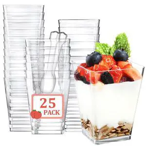 25 Pack 5 OZ Plastic Mini Dessert Cups with Spoons - Clear Small Parfait Cups, Square Appetizer Cups for Fruit, Pudding, Mousse, Ice Cream, Party, Wedding, Valentine's Day 25 Pack 5 OZ Plastic Mini Dessert Cups with Spoons - Clear Small Parfait Cups, Square Appetizer Cups for Fruit, Pudding, Mousse, Ice Cream, Party, Wedding, Valentine's Day